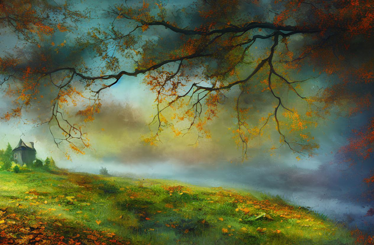 Autumnal landscape with mist, vibrant foliage, house, and riverbank