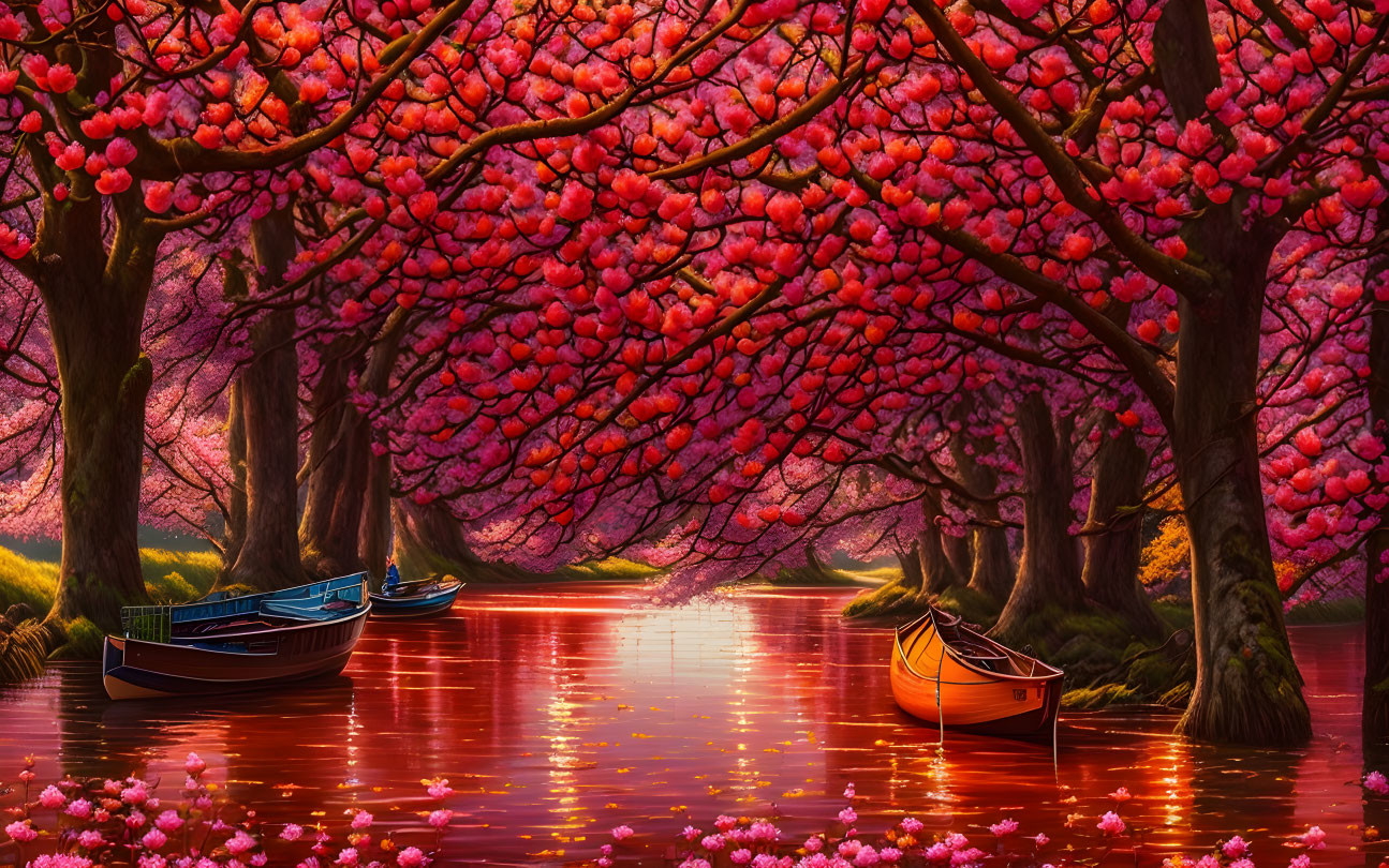 Scenic sunset over river with cherry blossom trees and boats