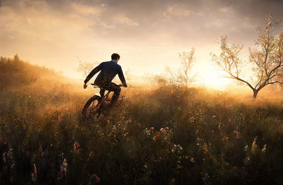 Person in suit rides bicycle through misty meadow with wildflowers and tree.