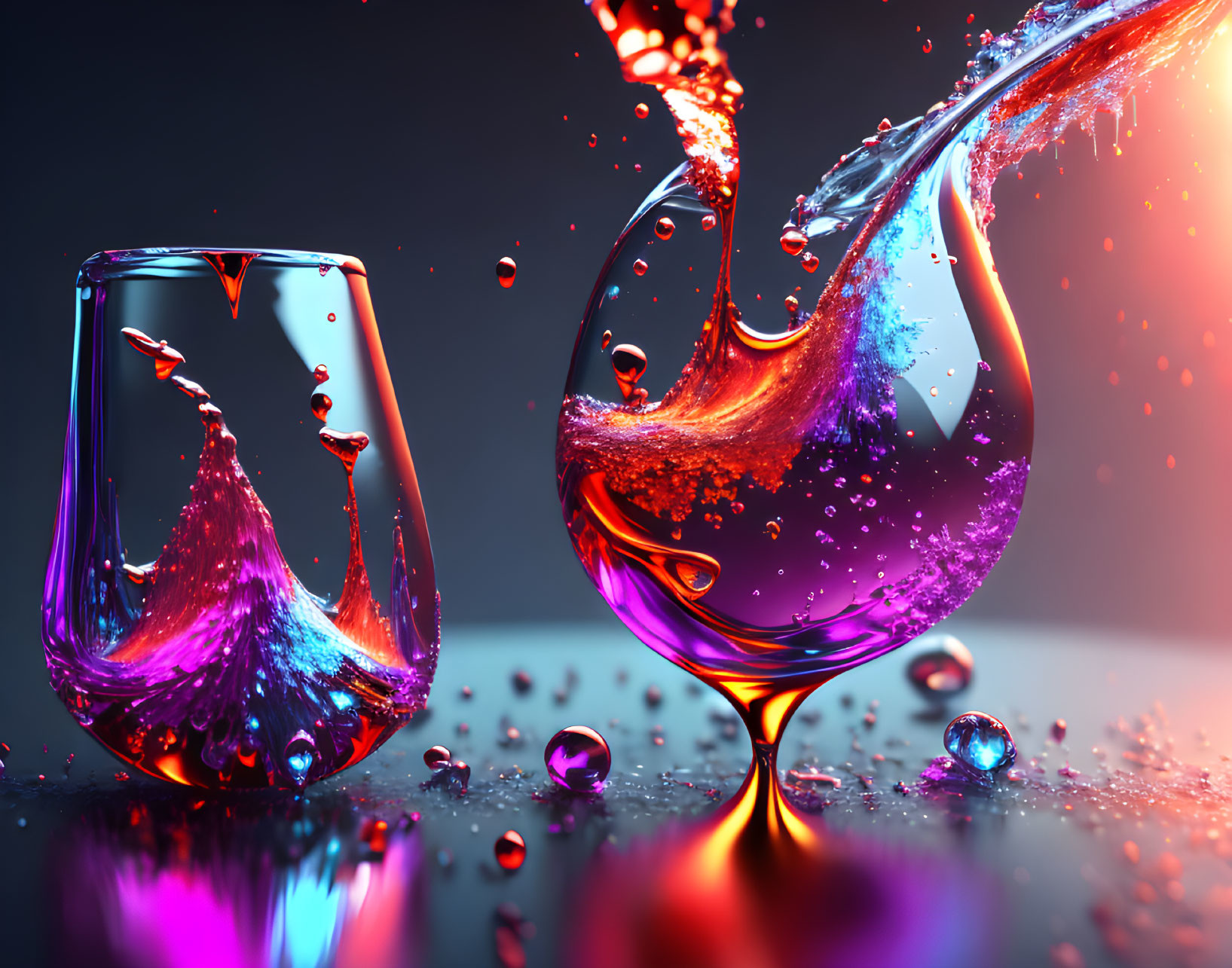 Colorful Liquid Splashing in Glasses on Reflective Surface