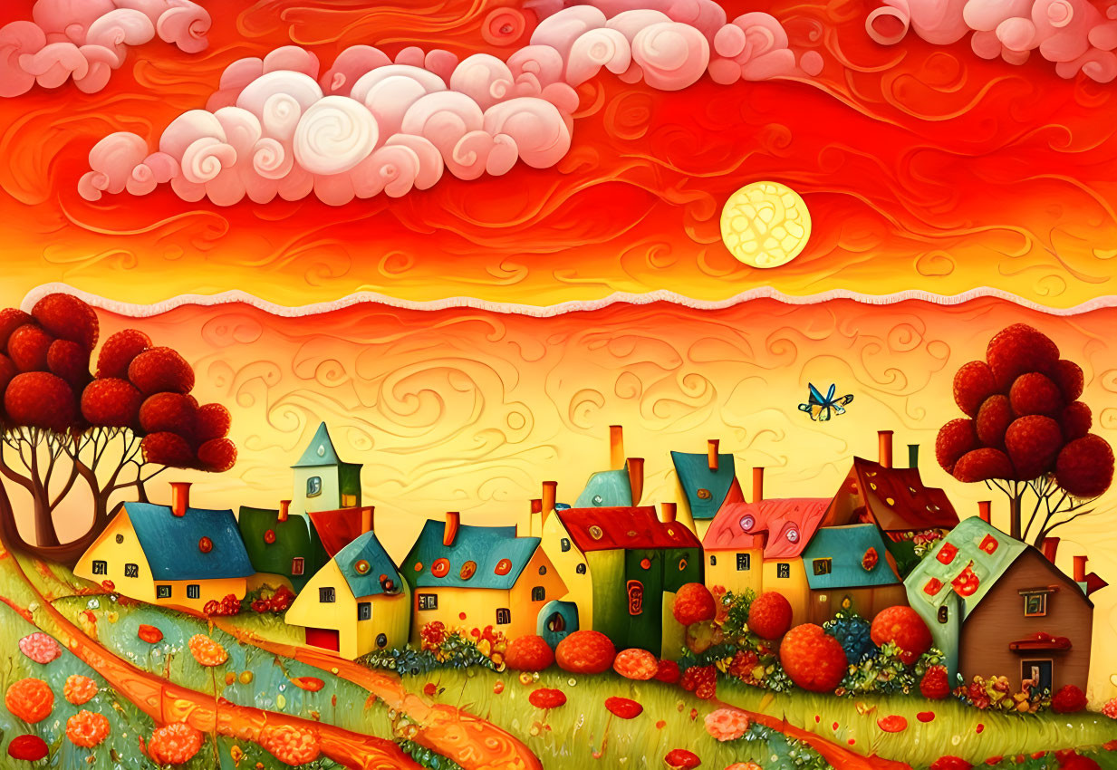 Colorful Houses and Rolling Hills in Whimsical Landscape