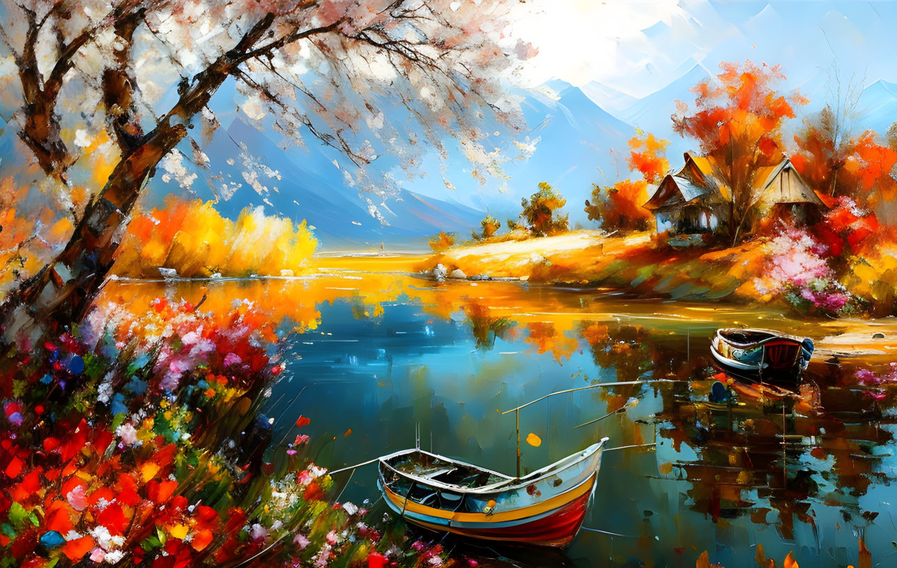 Vibrant landscape with lake, boats, flowers, cottages, mountains