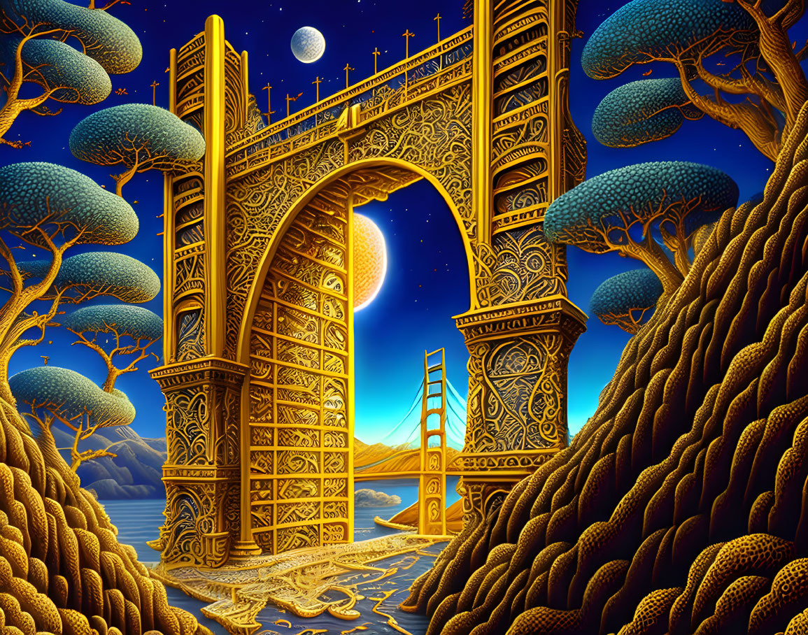 Golden Bridge with Blue Trees in Fantastical Landscape