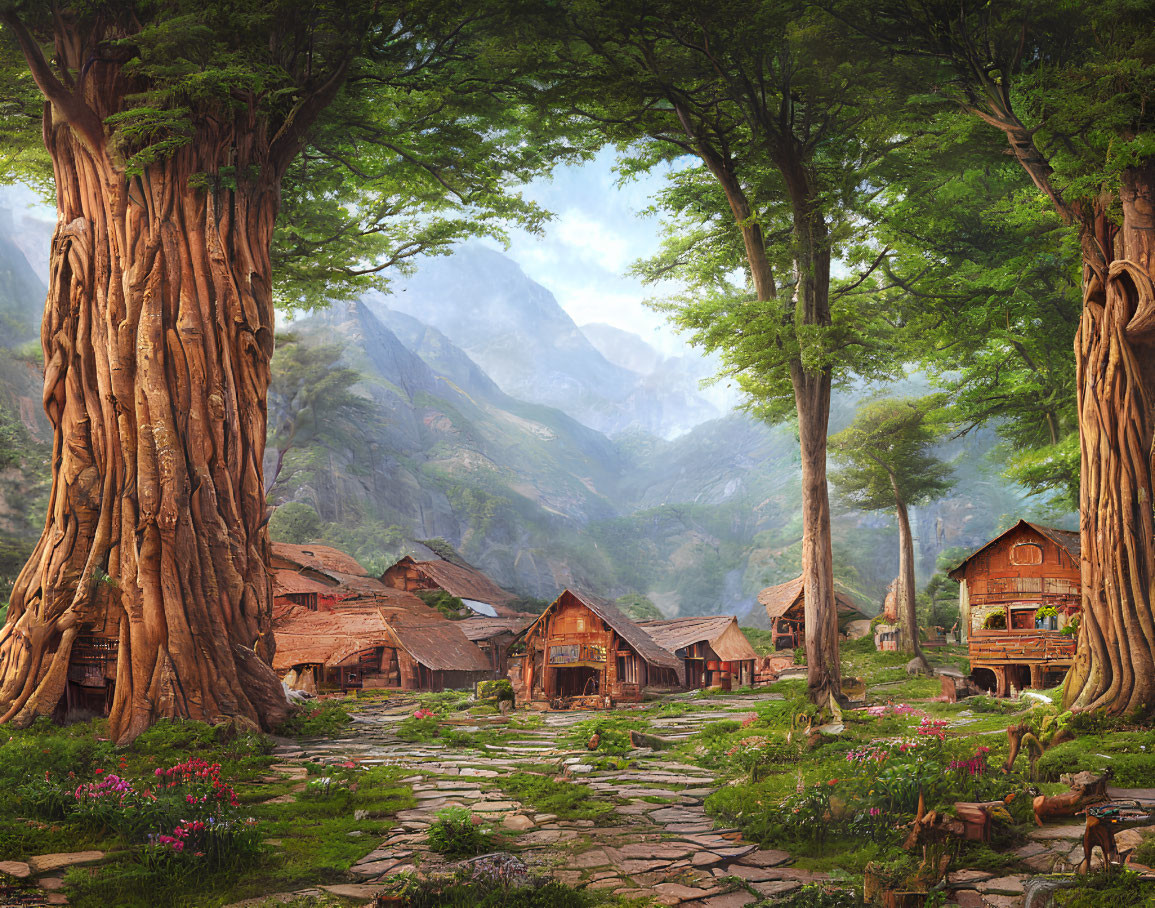 Rustic Village with Wooden Cabins and Misty Mountains