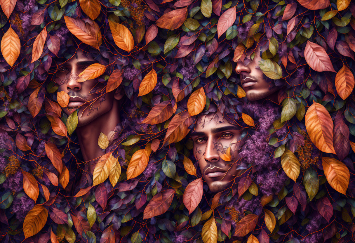 Autumn leaves partially conceal three intense gazes in warm and cool tones