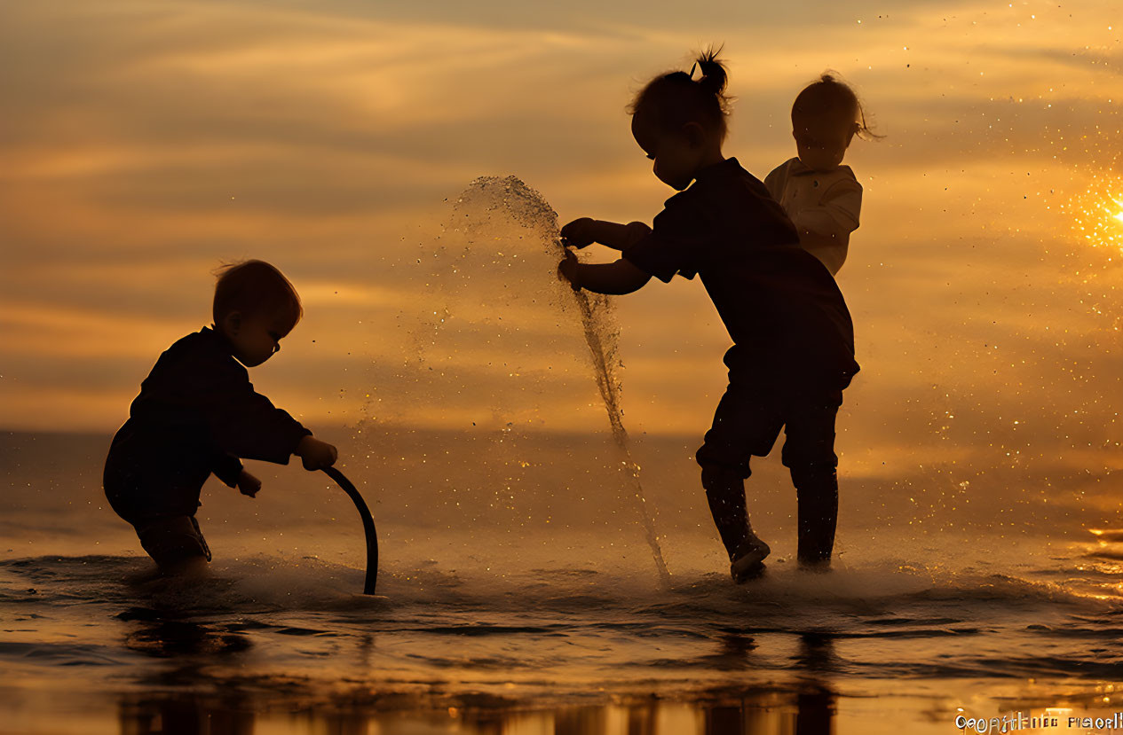 Children playing with water at sunset: one standing, one sitting.