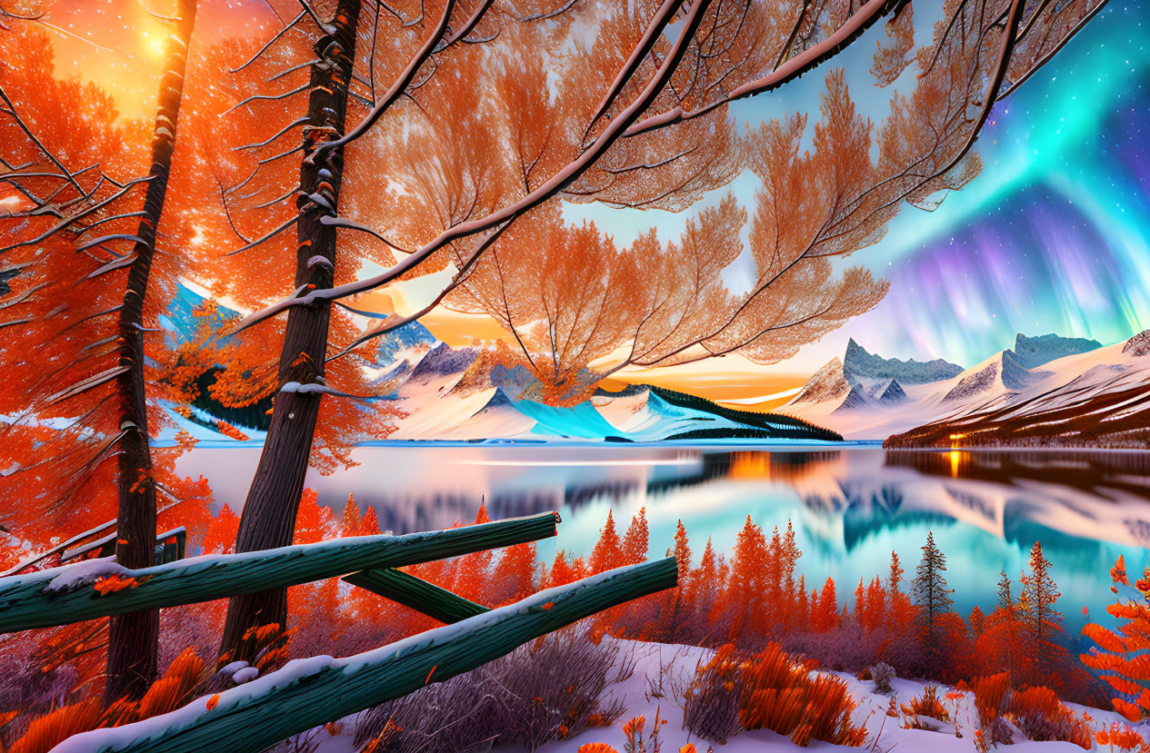 Scenic autumn landscape with northern lights, mountains, lake, trees, and starry sky