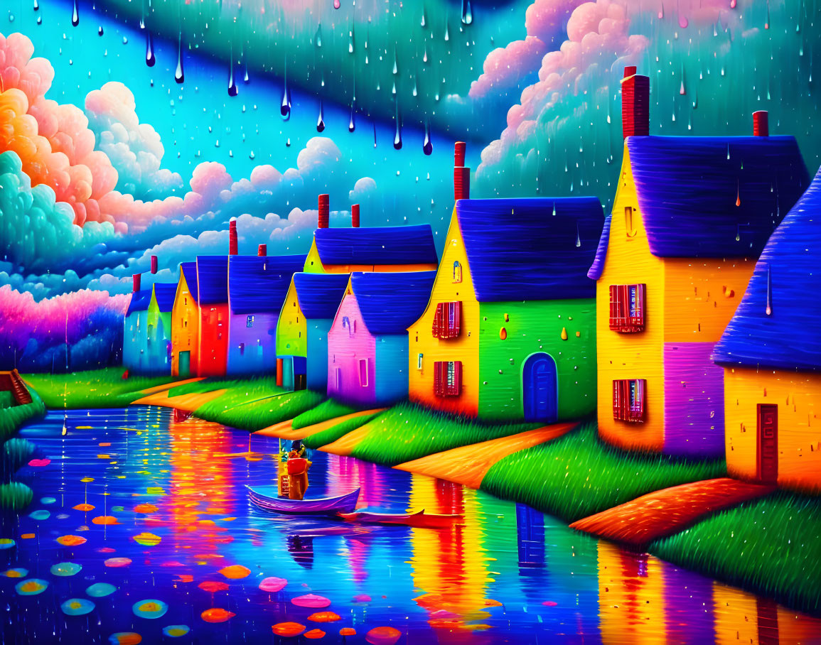 Colorful Houses by River with Boat and Whimsical Sky