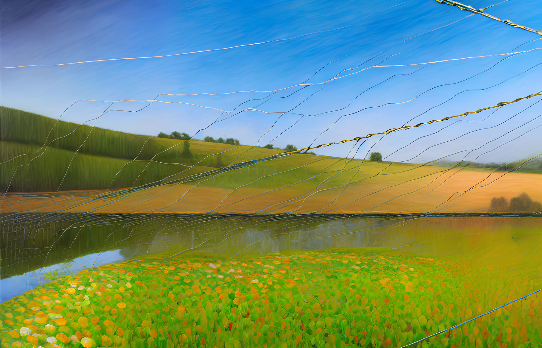 Surreal landscape with broken glass effect overlaying fields, hills, and water body