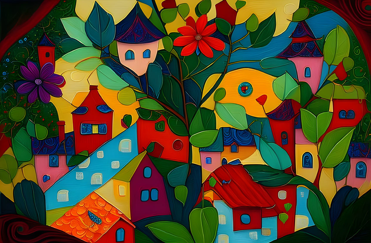 Vivid, warm palette in whimsical house and nature painting