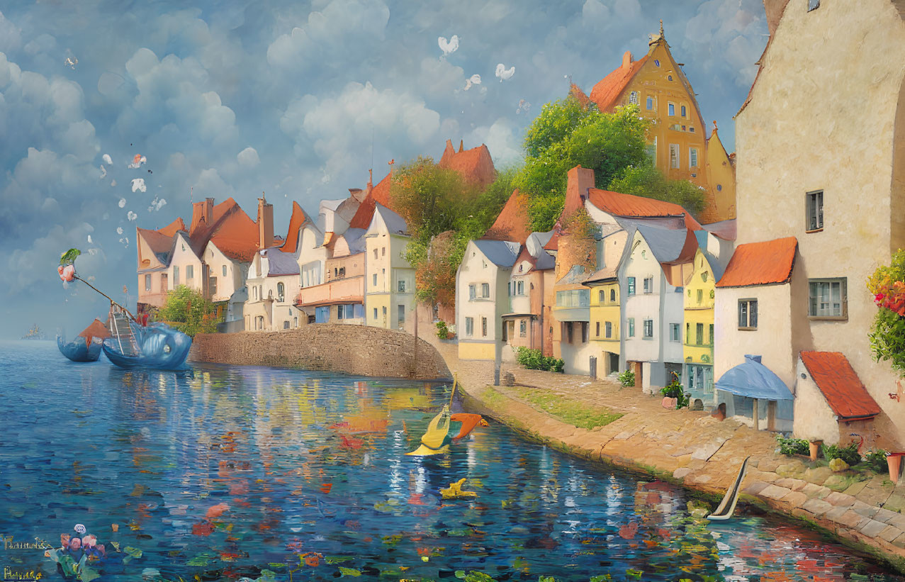 Picturesque European Village Along Serene River with Colorful Houses, Boats, and Whimsical