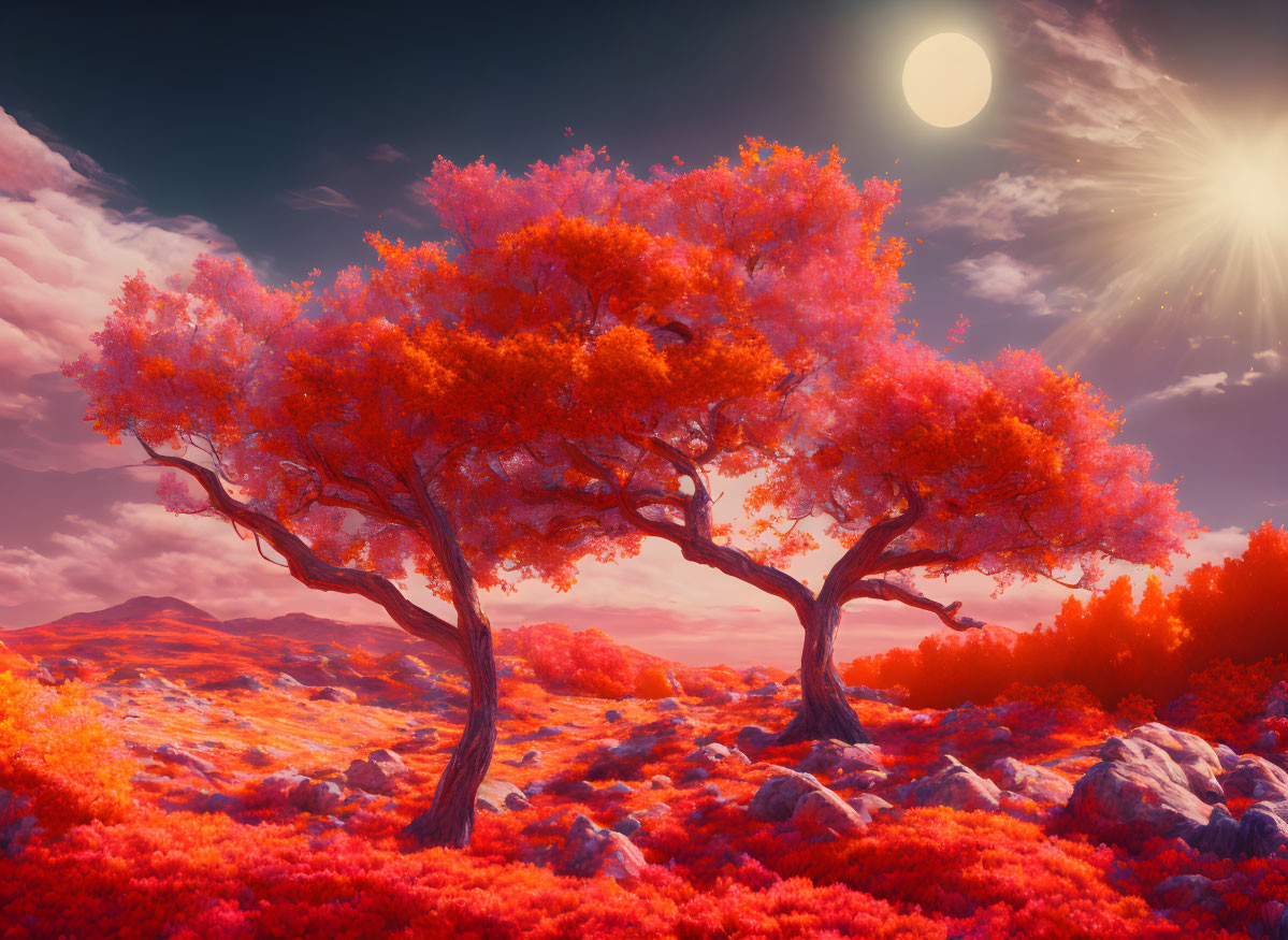 Surreal landscape with vibrant red and orange foliage under pinkish-red sky