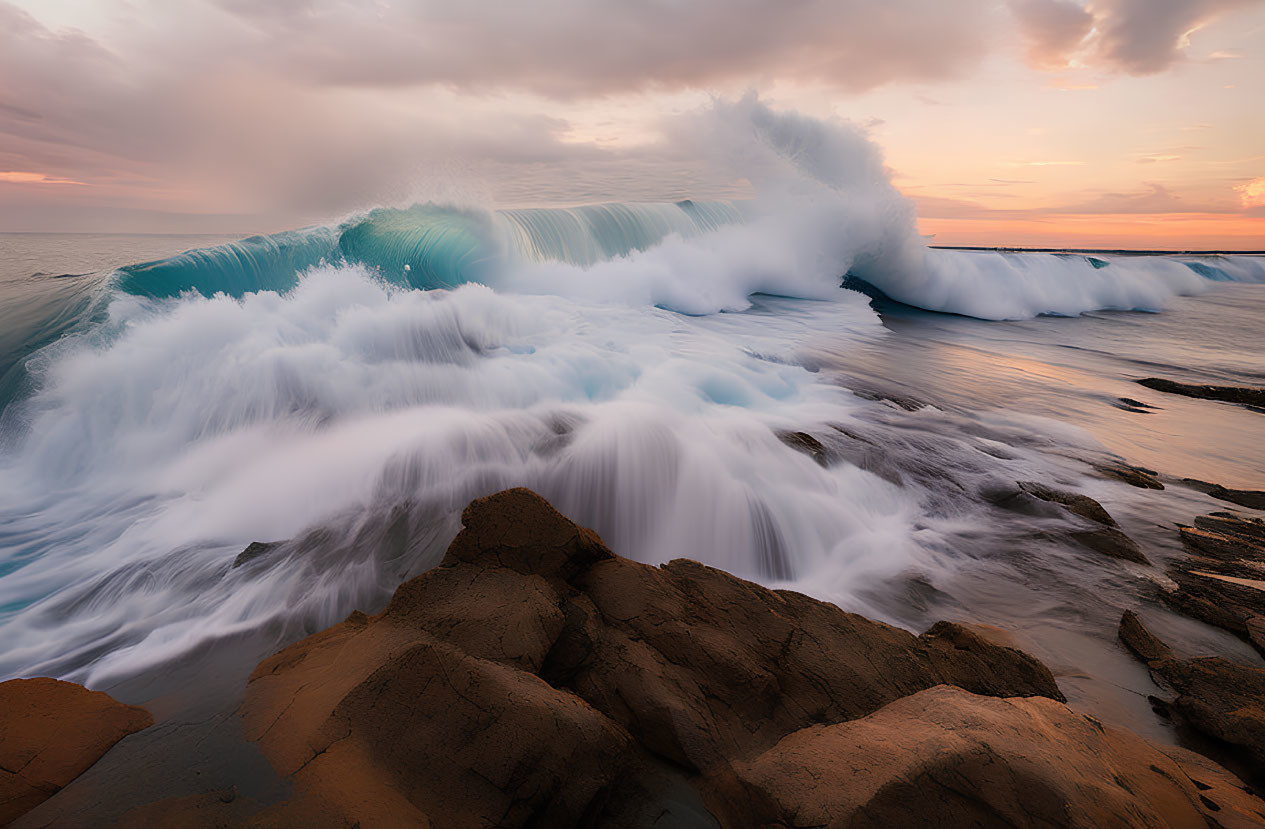 Majestic wave crashing on rocky shores at sunset