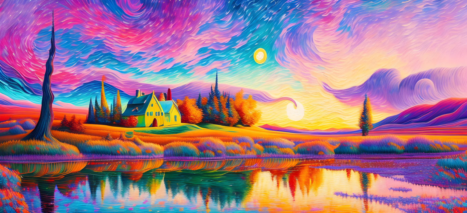 Colorful surreal landscape with swirling sky, cozy house, reflective lake, and psychedelic fields