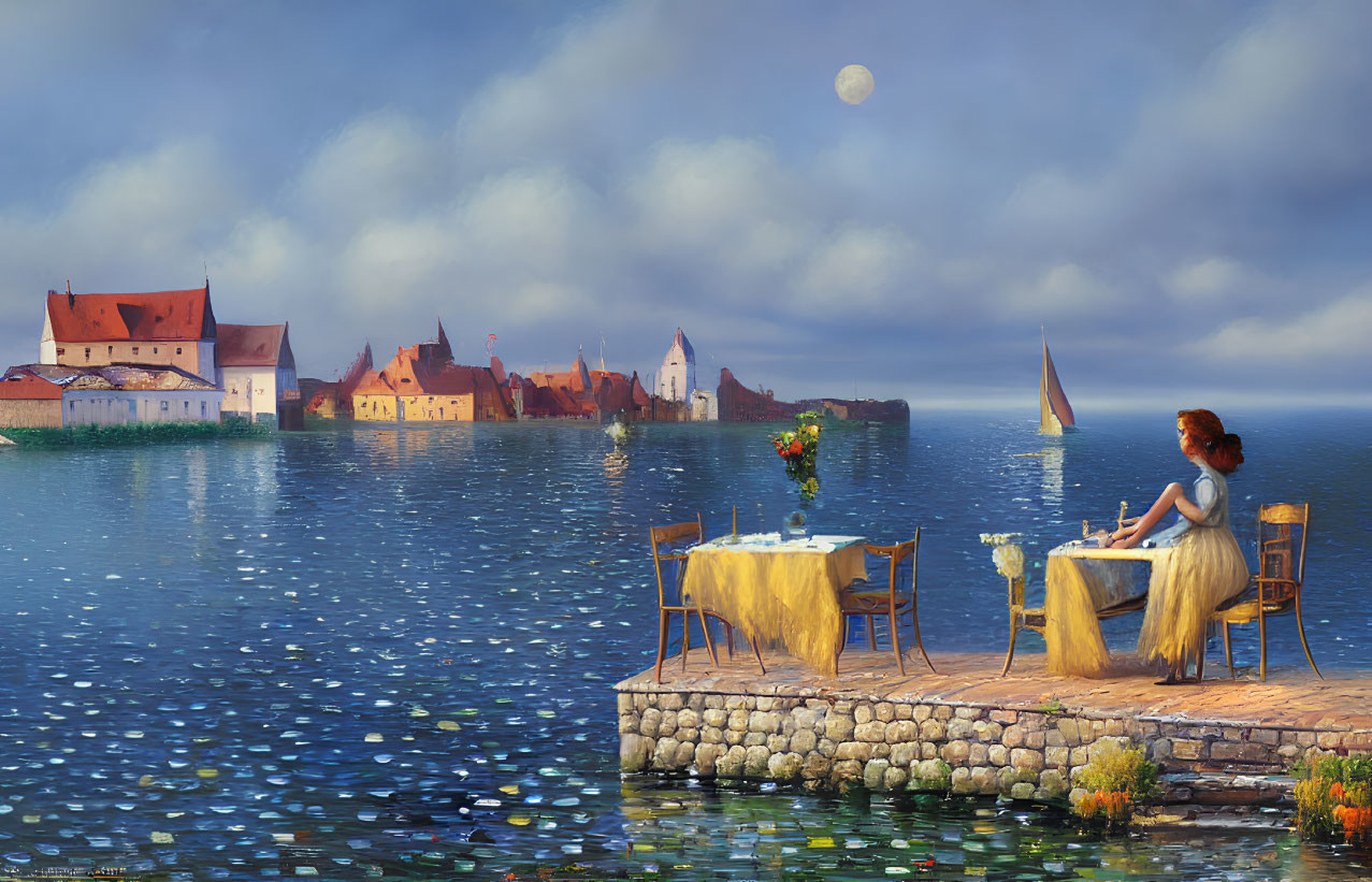 Woman sitting by waterfront dining setup, gazing at village under moonlit sky