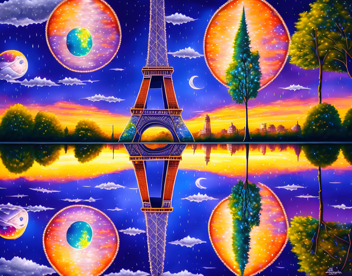 Surreal Eiffel Tower image with cosmic backdrop and colorful sunset