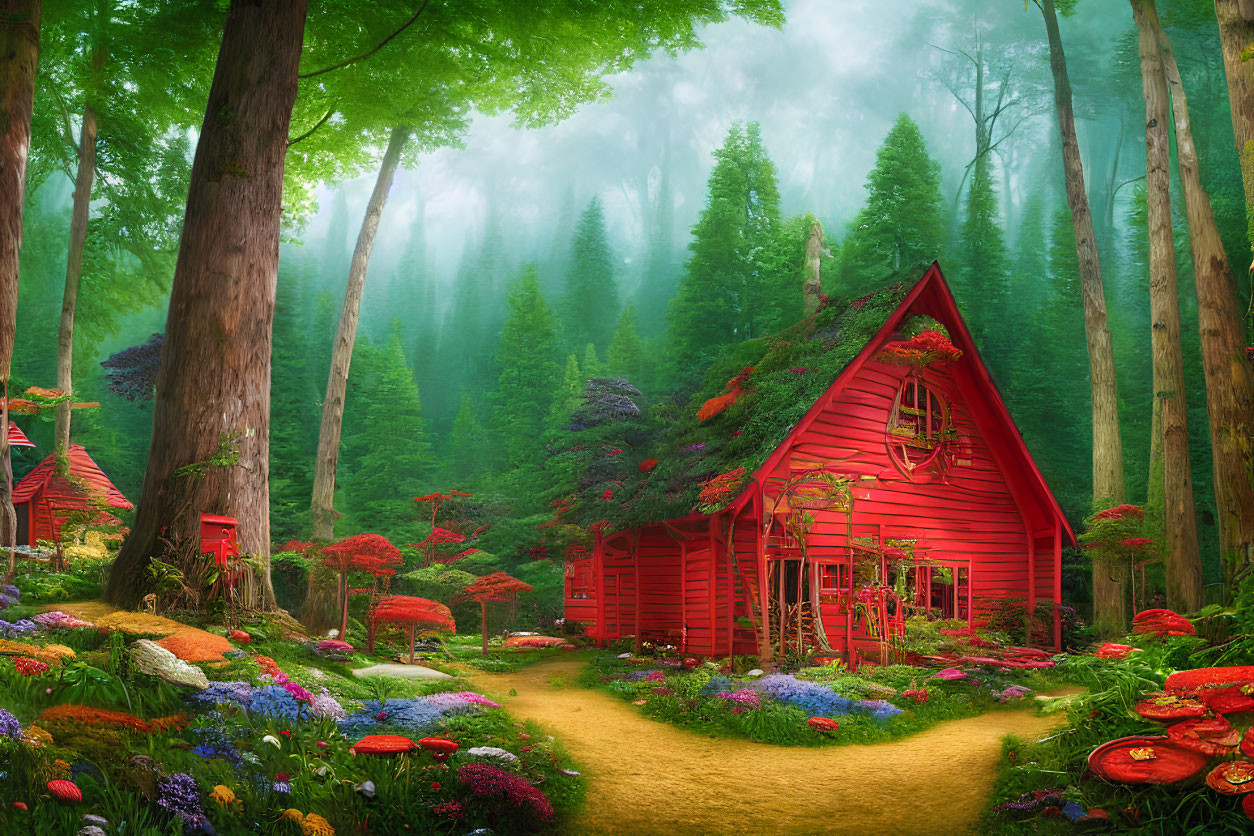 Tranquil forest scene with red cabin, vibrant flowers, mushrooms, and misty paths