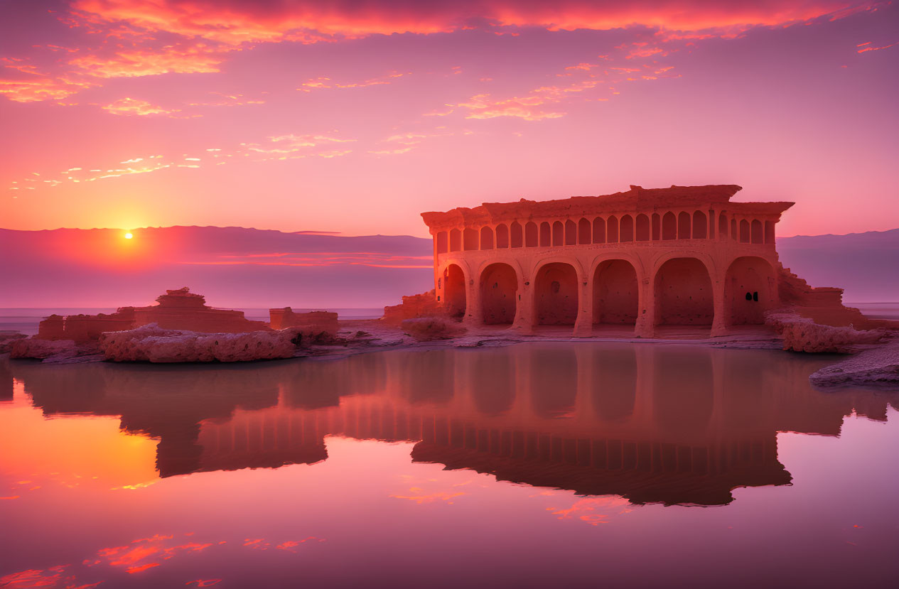 Tranquil sunset with radiant clouds over ancient ruins reflected in water