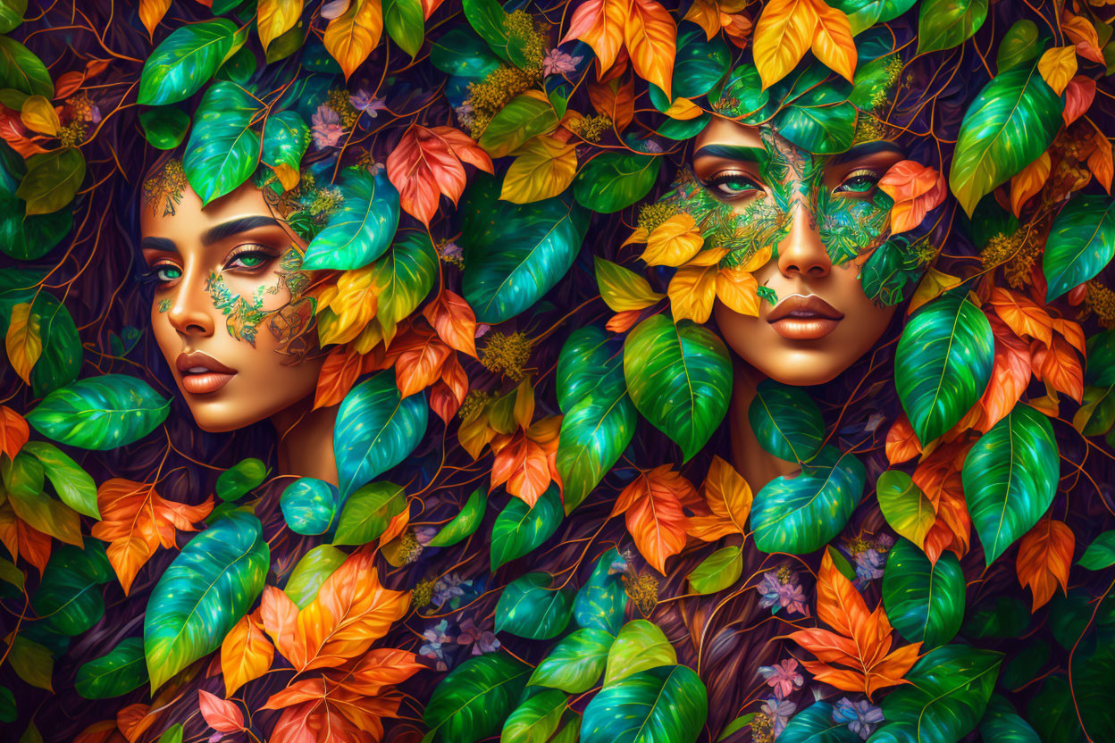 Vibrant autumn leaves blend with two faces in intricate digital art