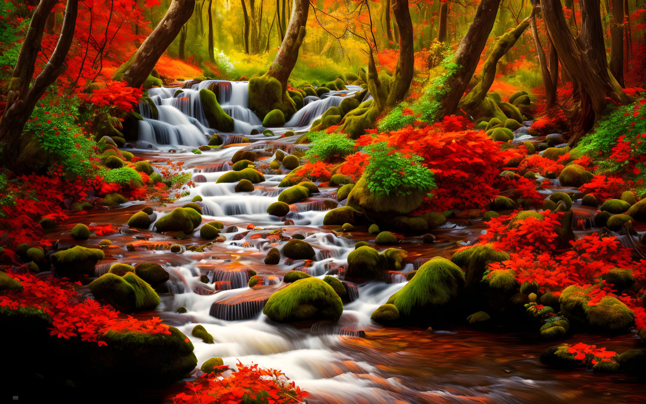 Tranquil Autumn Landscape with Waterfall and Red Leaves