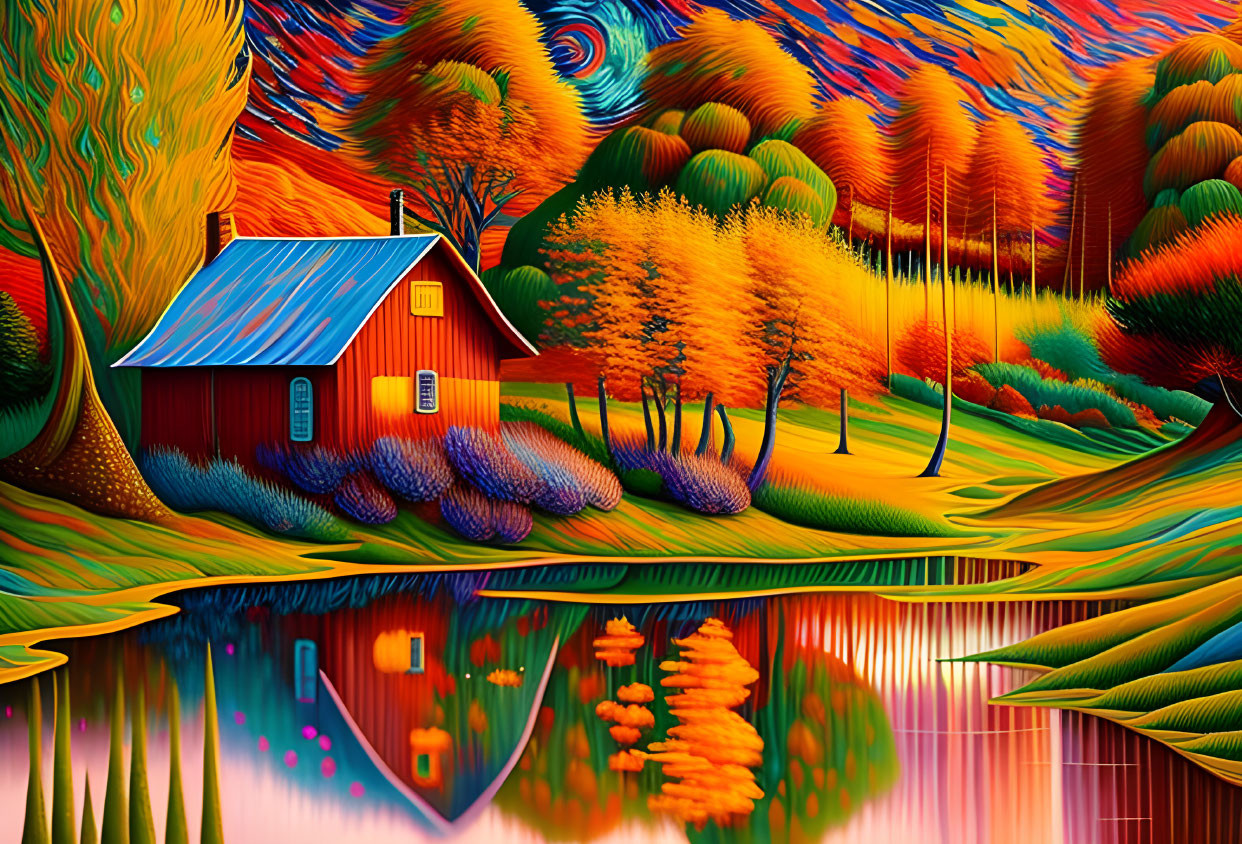 Colorful painting of red barn and lush trees reflected in serene water