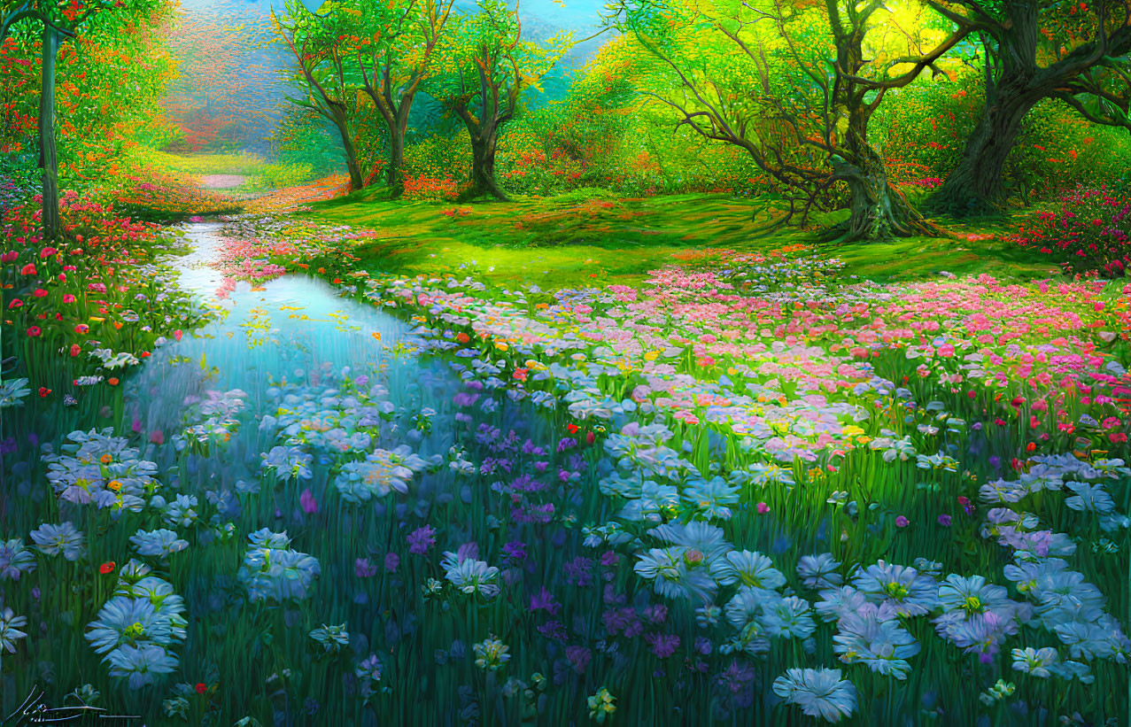 Scenic landscape with river, trees, meadow, and flowers