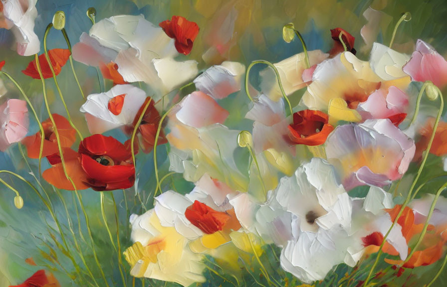 Colorful painting of poppies and flowers in red, white, and pastel tones