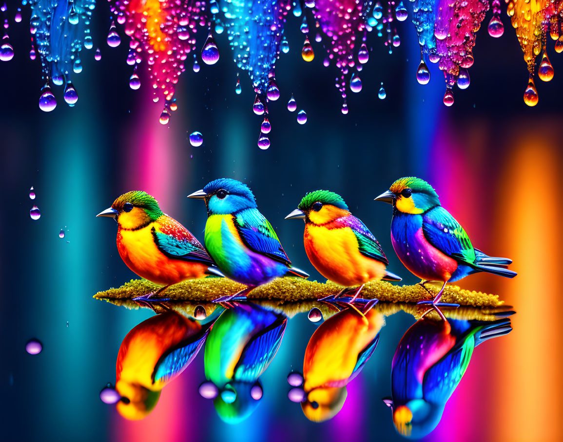 Vibrant birds on branch with neon-lit raindrop backdrop