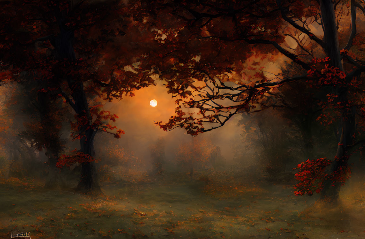 Autumn Forest Scene: Misty with Red-Orange Leaves and Soft Sun Glow