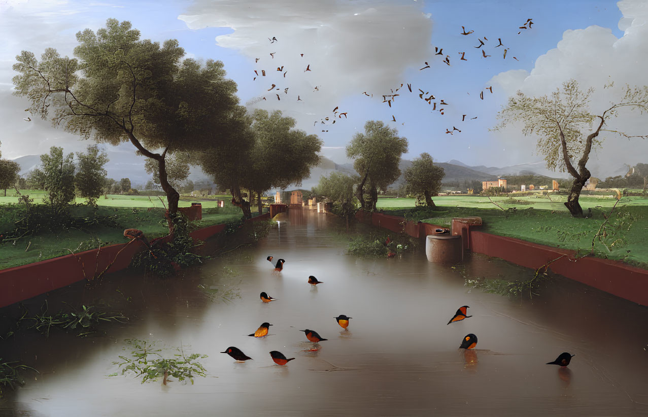 Tranquil landscape painting of river, birds, trees, villa, and cloudy sky