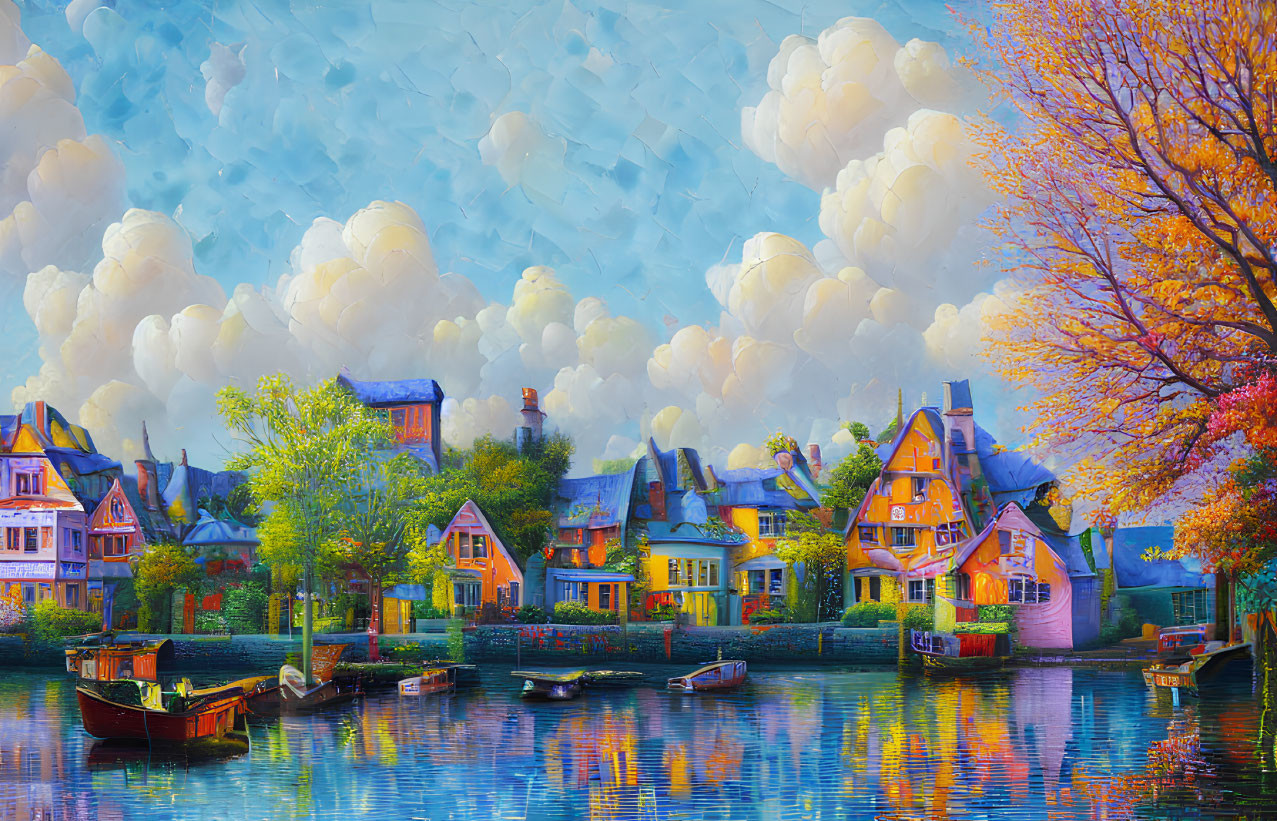 Colorful painting of quaint village by lake with boats and autumn trees