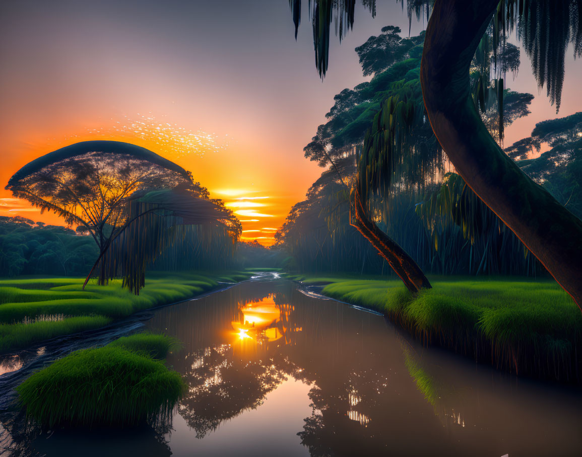 Tranquil river at sunset with vibrant sky and silhouetted trees