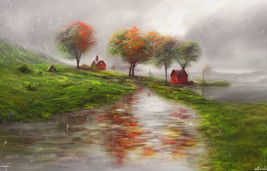 Tranquil landscape with red-roofed houses, reflective path, lush field, autumn trees,