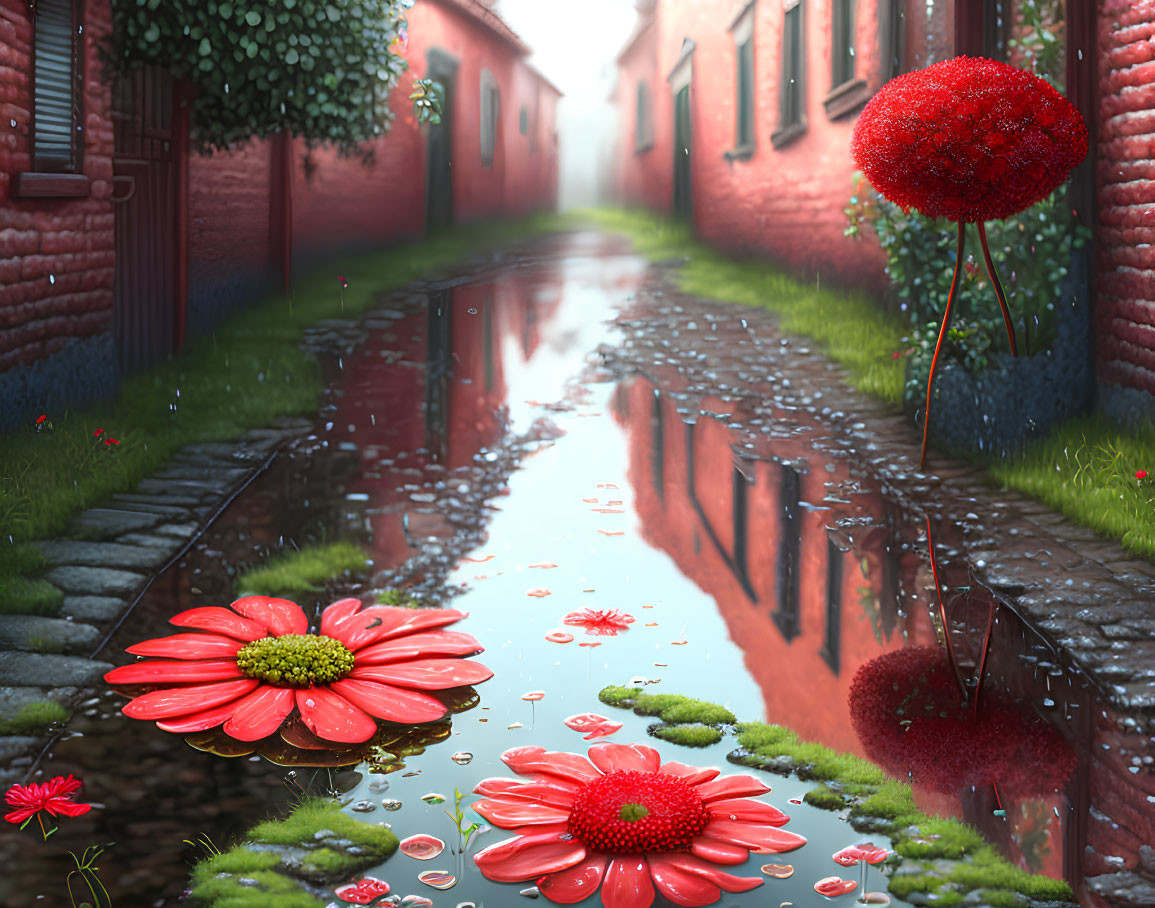 Fantasy Alley with Red Brick Walls, Reflective Water Puddle, Red Flowers, and Spherical