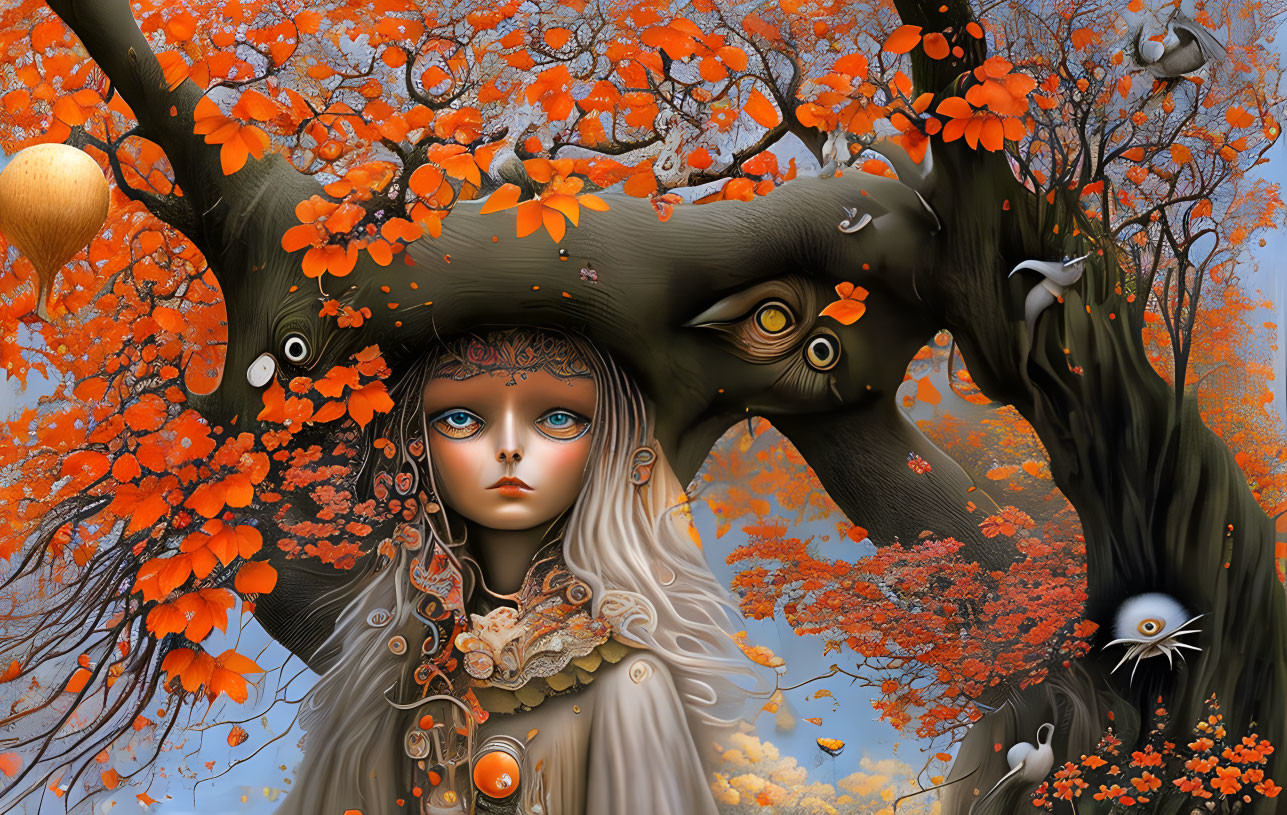 Surreal image of girl's face merging with tree, orange leaves, flying creatures, and golden