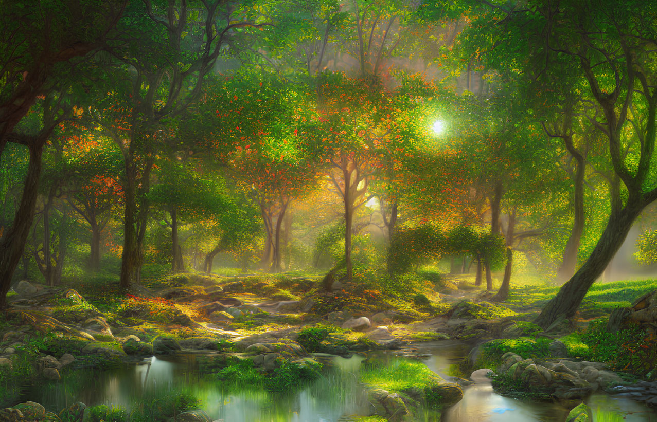 Lush Forest Scene with Sunlight, Stream, and Rocks