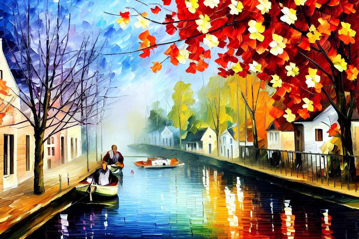 Impressionistic painting of serene canal scene with boats and autumn foliage