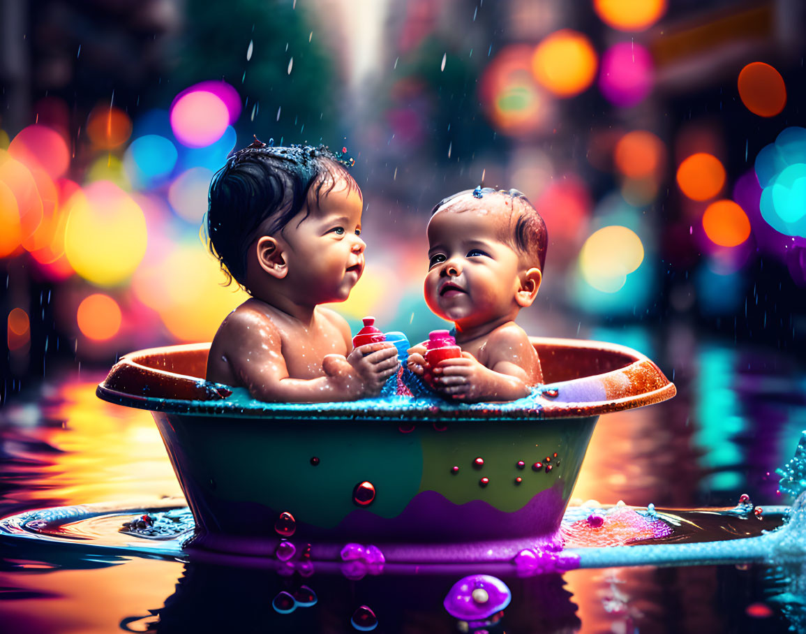 Two toddlers playing with toys in colorful outdoor bathtub with water droplets and bokeh lights.