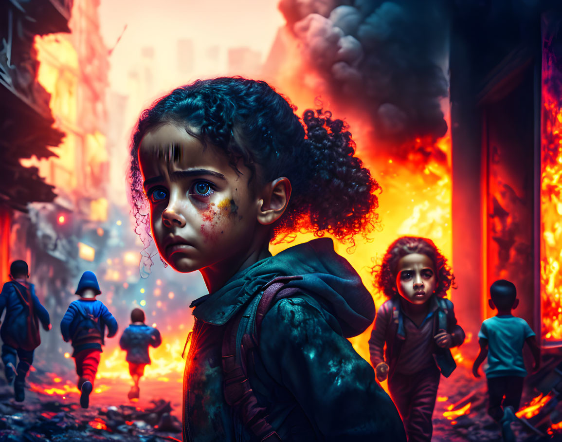 Young girl with expressive eyes in chaotic scene with fire and destruction.