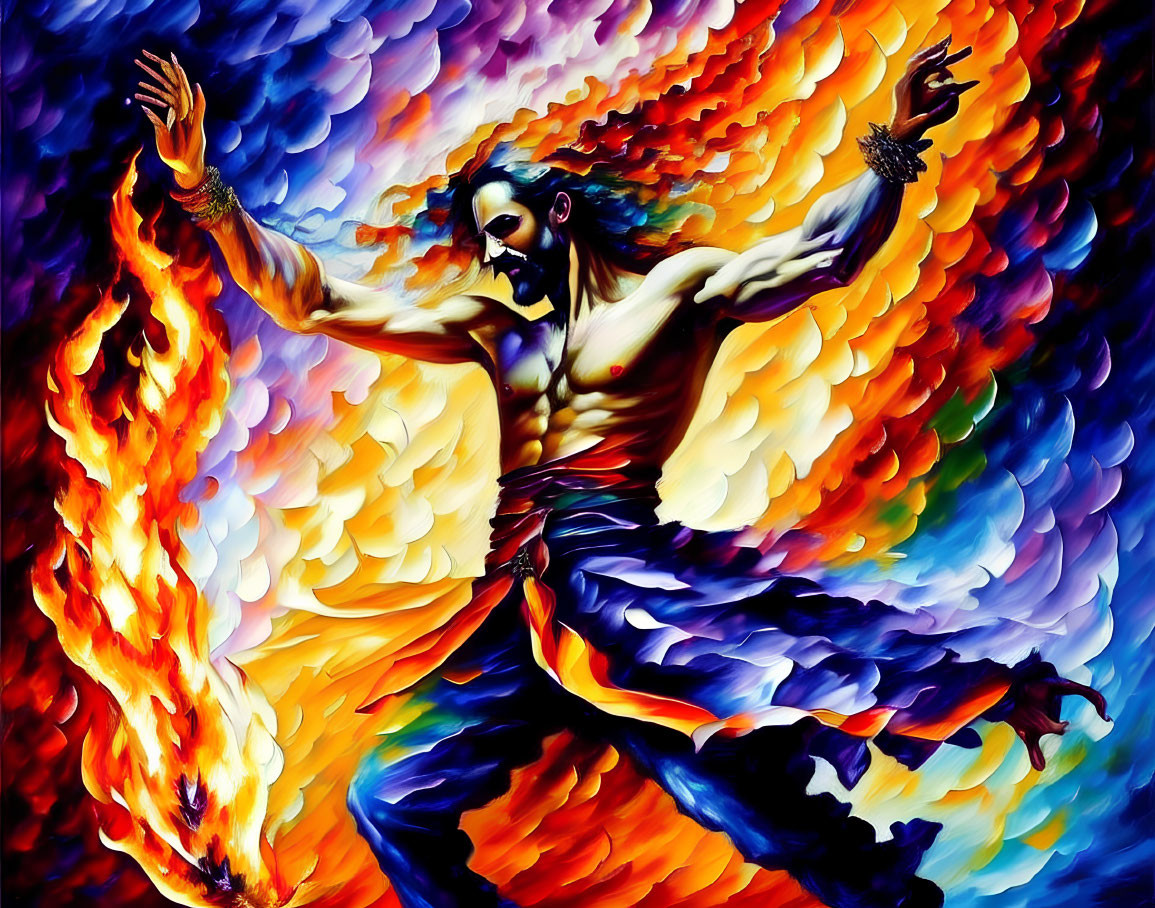 Colorful figure with multiple arms dancing in fiery swirls of blue, orange, and purple