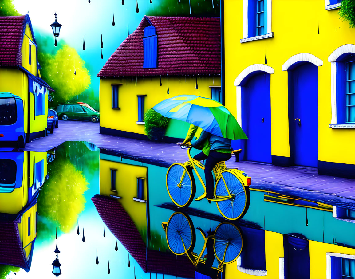 Person riding bicycle with umbrella on wet street between yellow houses in blue rain