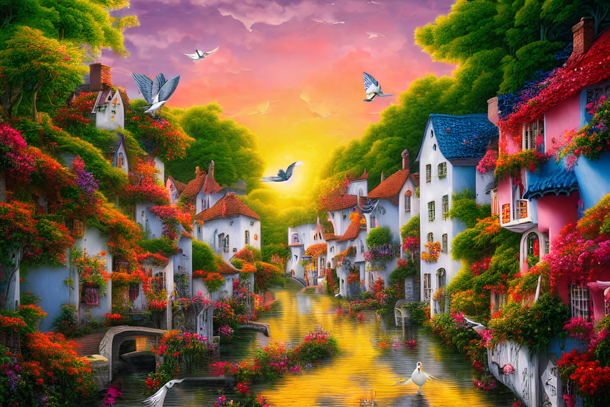 Colorful Houses and Serene Canal in Picturesque Village at Sunset