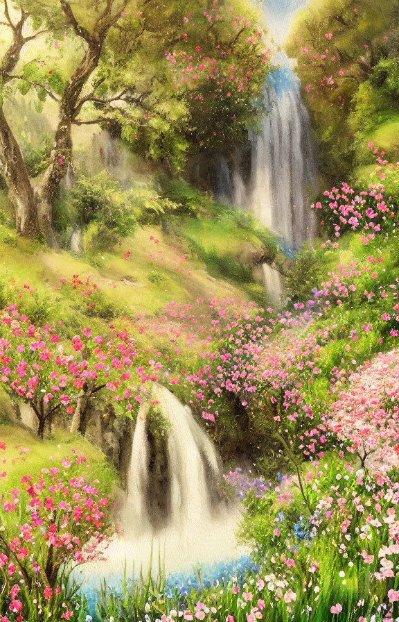 Lush waterfall painting with pink flowers and greenery