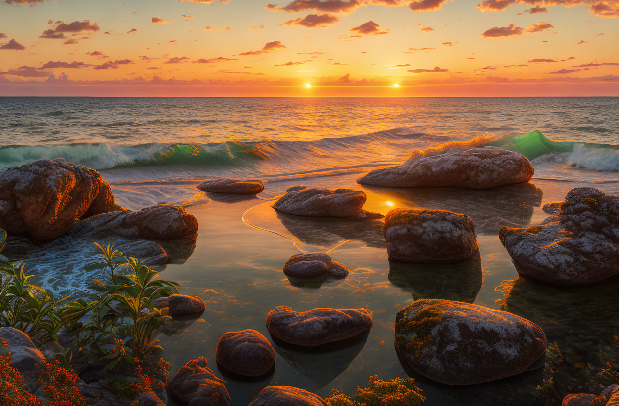 Rocky beach sunset with crashing waves and warm sunlight on water and foliage