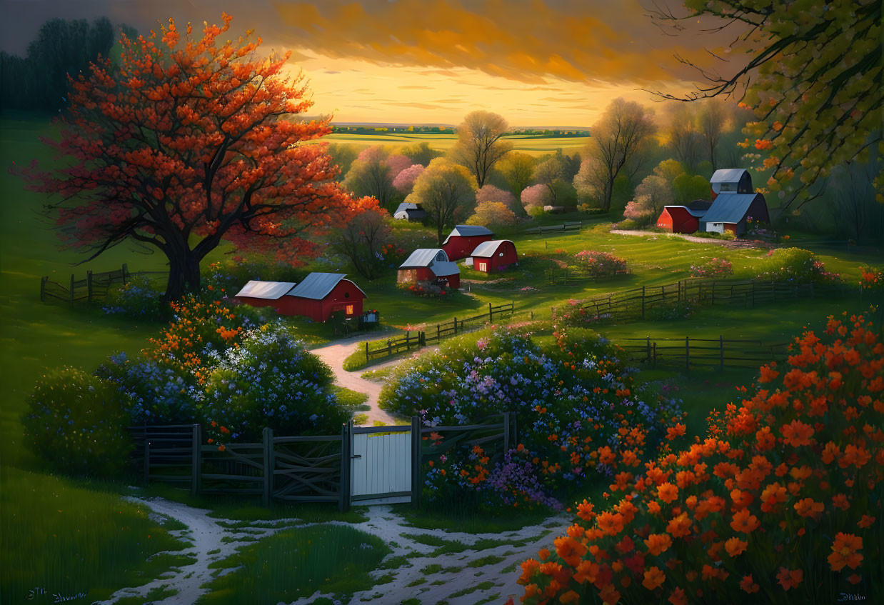 Tranquil sunset landscape with blooming trees, flowers, dirt path, and farm buildings