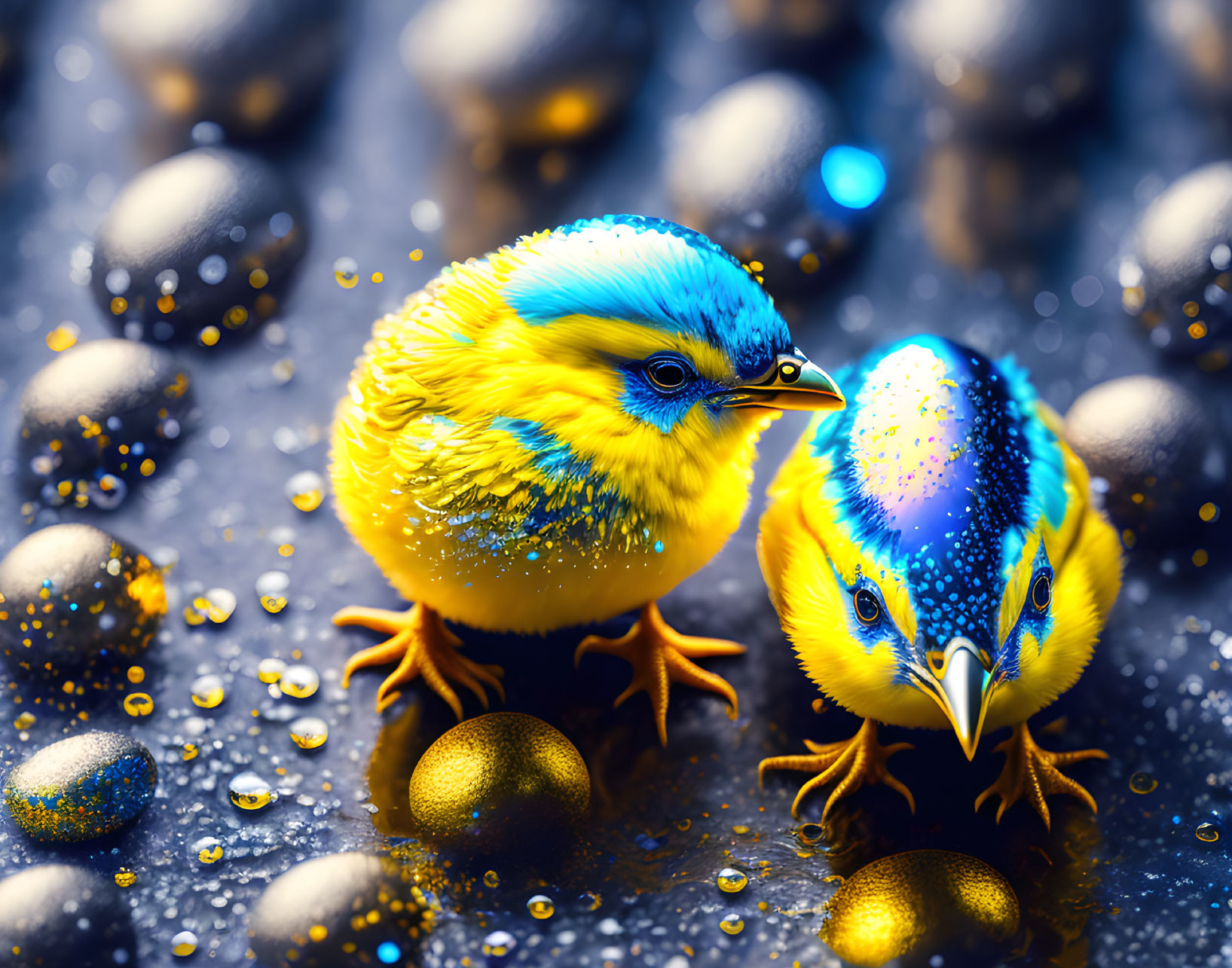 Vibrant blue and yellow birds with glistening eggs on dark background