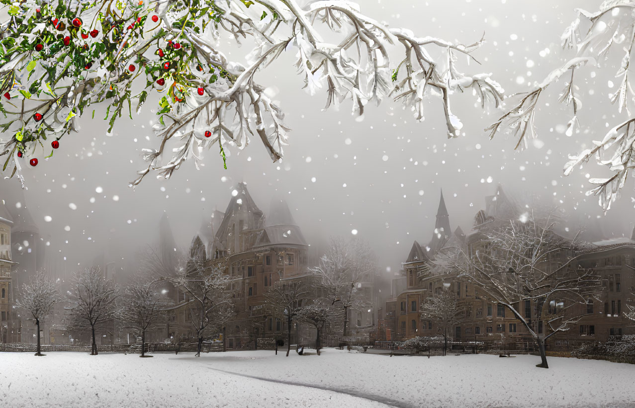 Winter Scene: Snow-covered Gothic Campus with Bare Trees