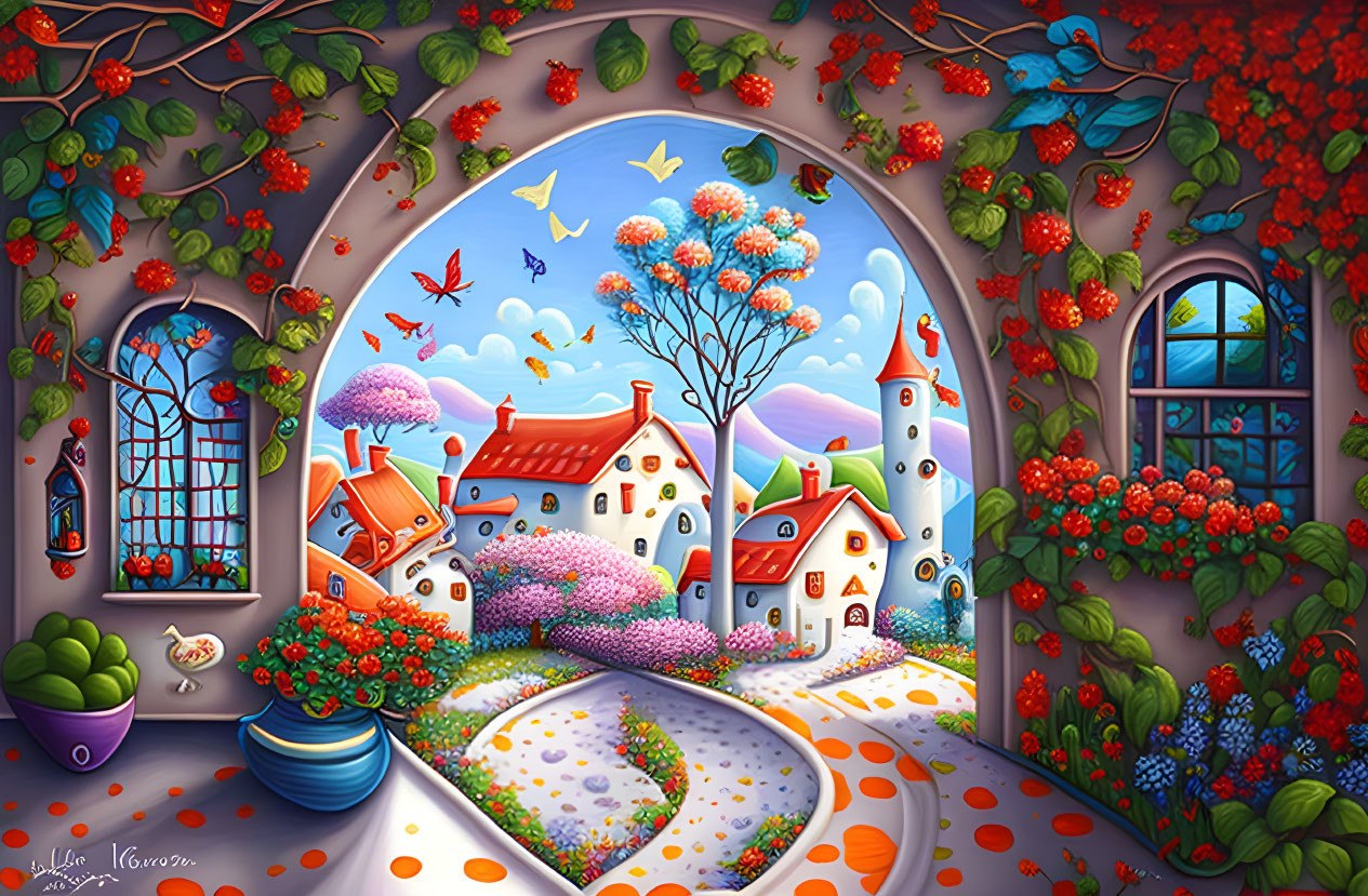 Colorful village painting with lush vegetation and blue sky