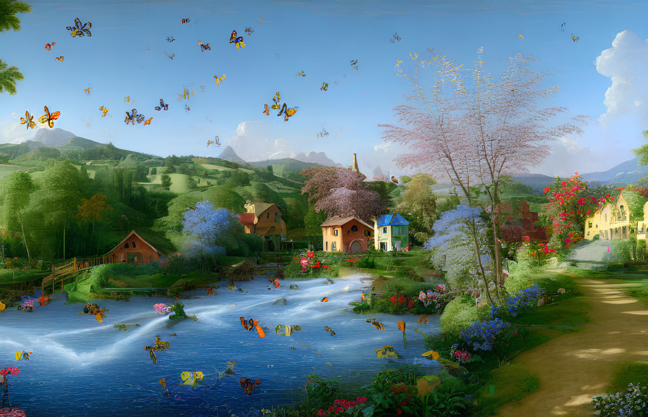 Colorful Flowers, Butterflies, Ducks, and Quaint Houses in Idyllic Landscape