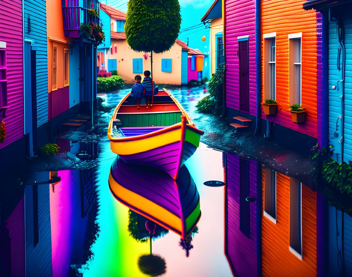 Vibrant boat with two people on flooded street amid colorful houses and surreal sky